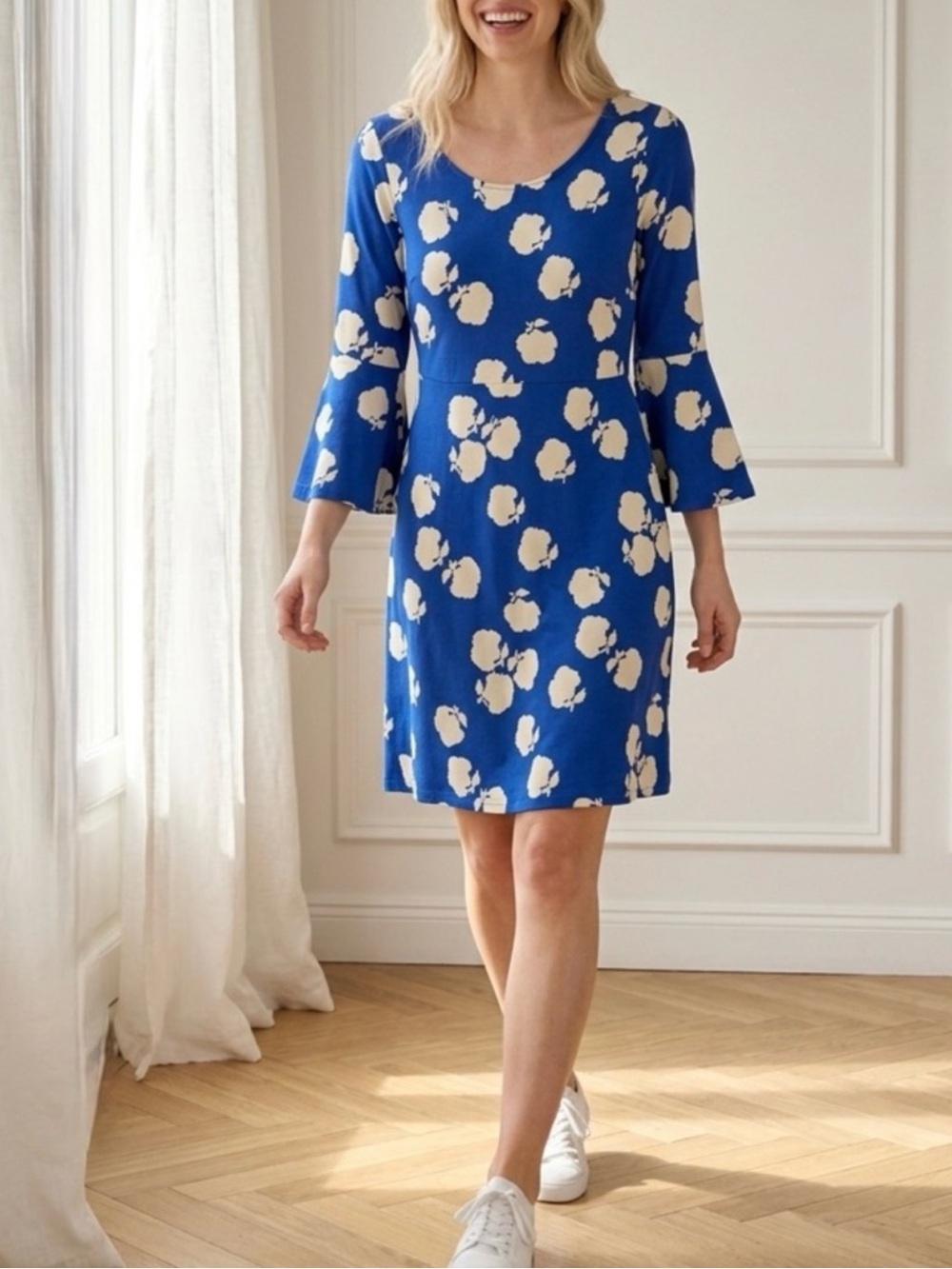 Boden Miriam Jersey Tunic Dress Bell Sleeve Blue White Floral